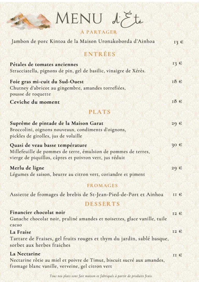 menu d'été , restaurant oppoca