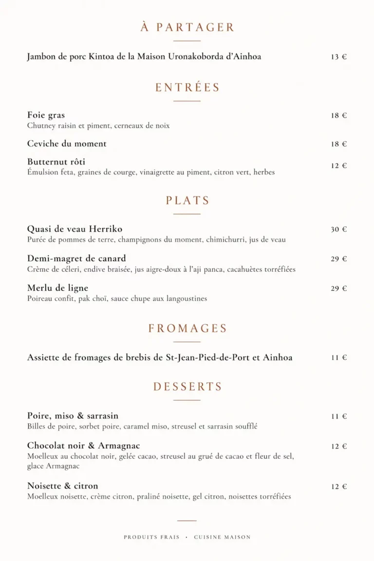 Menu automne restaurant maison oppoca