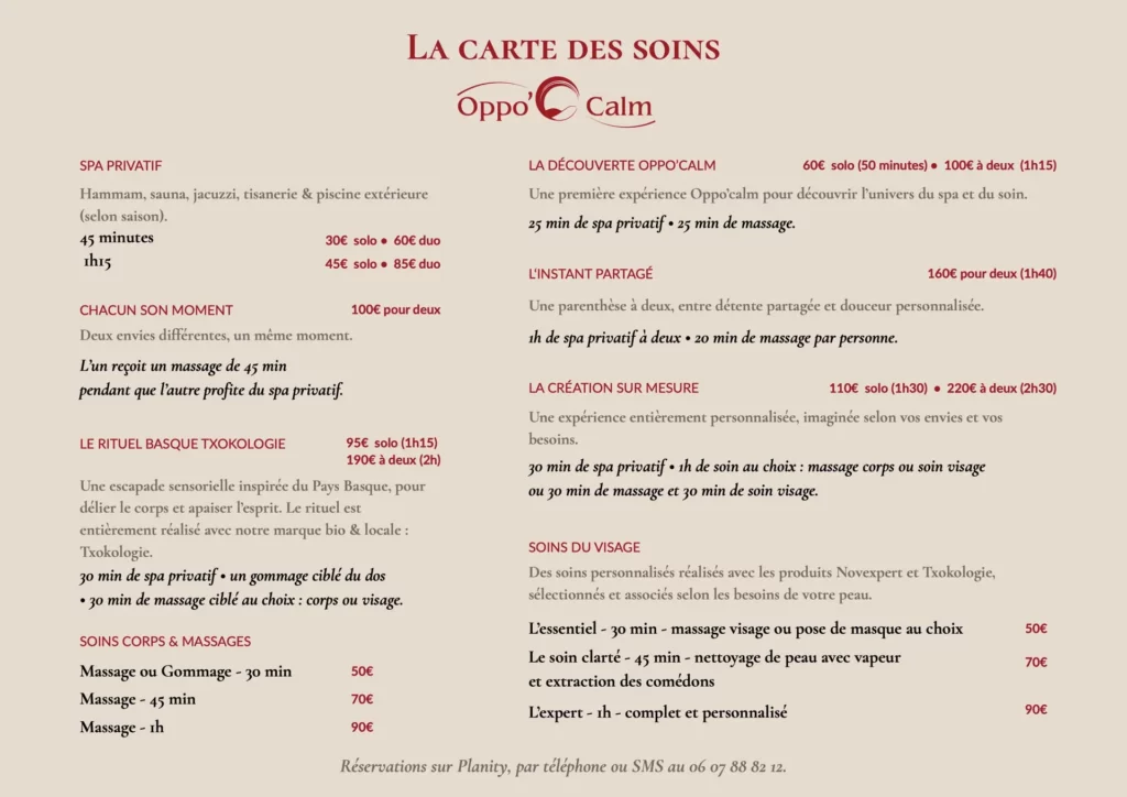 carte des soins spa oppo calm maison oppoca